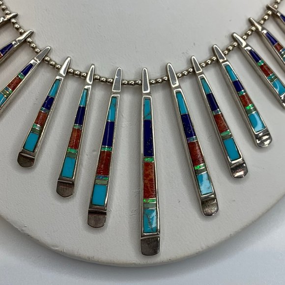 Reversible Silver and Turquoise Inlay Necklace with Fan Design Item #3870 - Picture 4 of 12